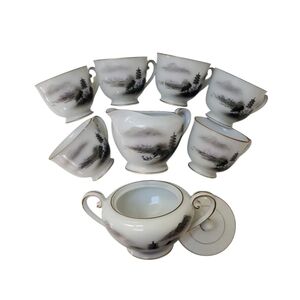 Fukagawa Arita Hand Painted Japan Coffee Set 6 cups Creamer Lidded Sugar Bowl